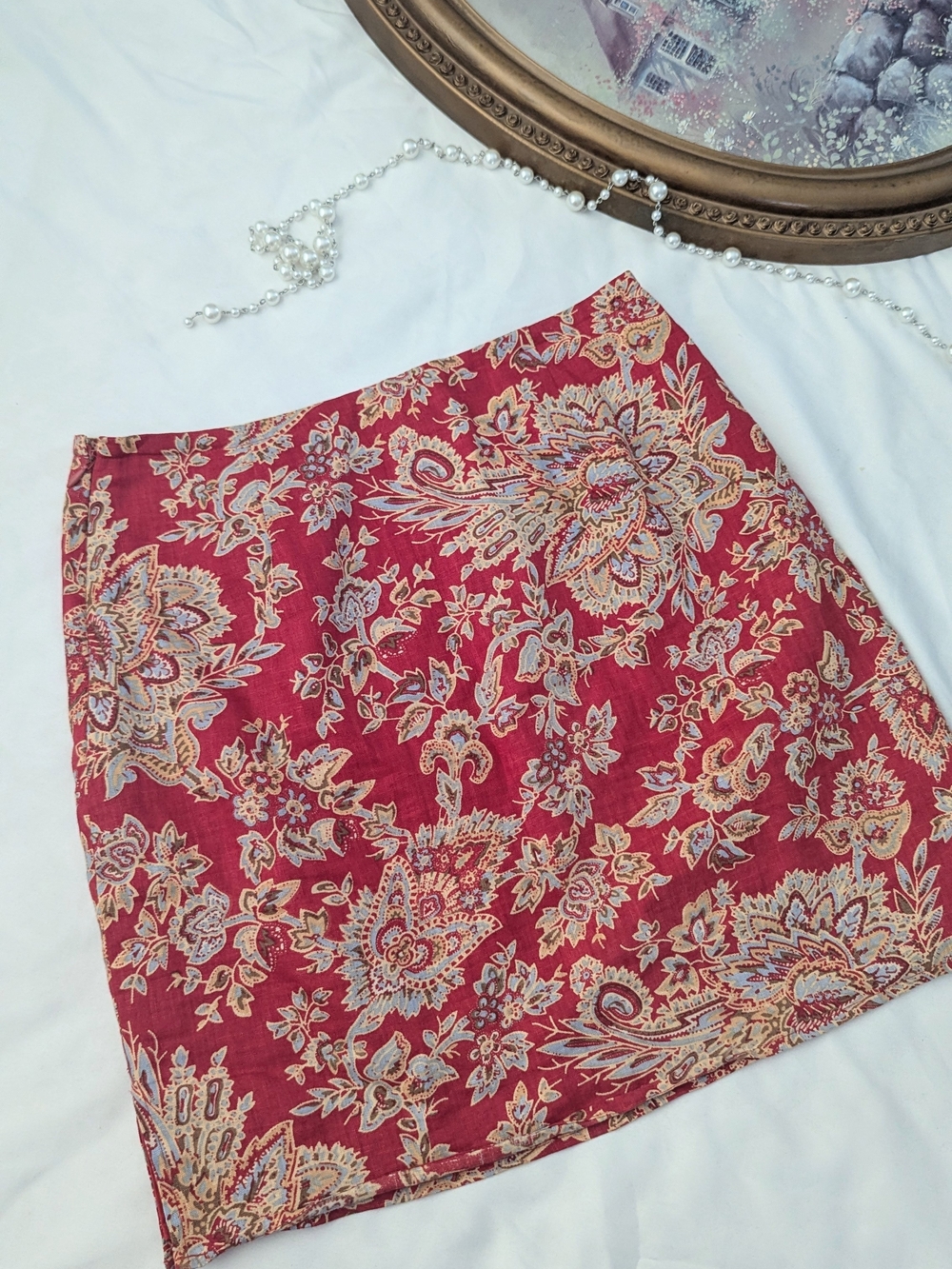 Vintage 100% Linen Boston Proper Red Paisley-Print Mini Skirt - Picture 3 of 6